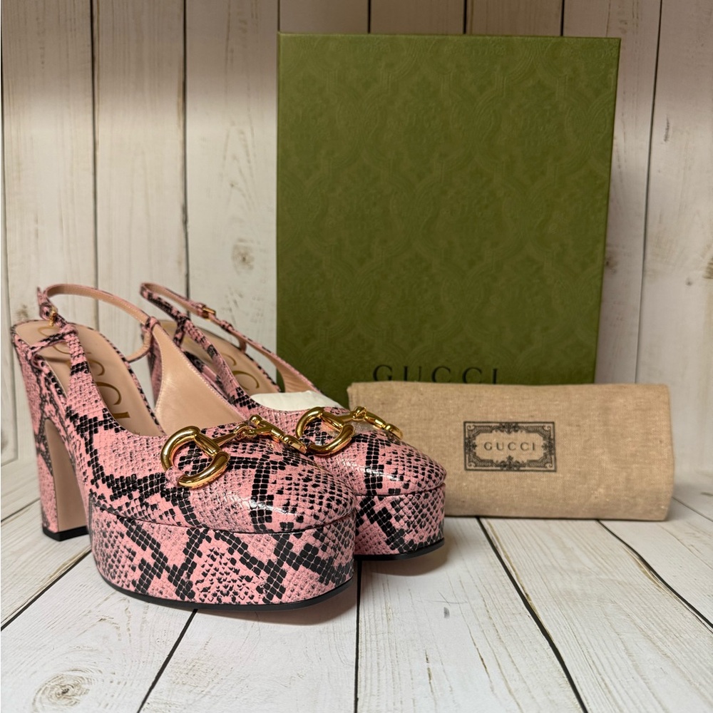 Gucci Calfskin Python Horsebit Platform Slingback… - image 1